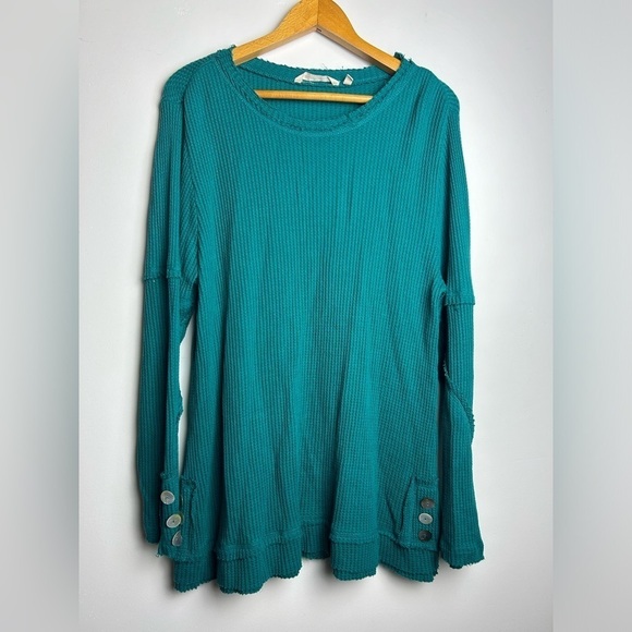 Soft SurroundingsBlueTeal Boho retro Thermal waffle knit Long Sleeve tunic top L - Picture 2 of 12